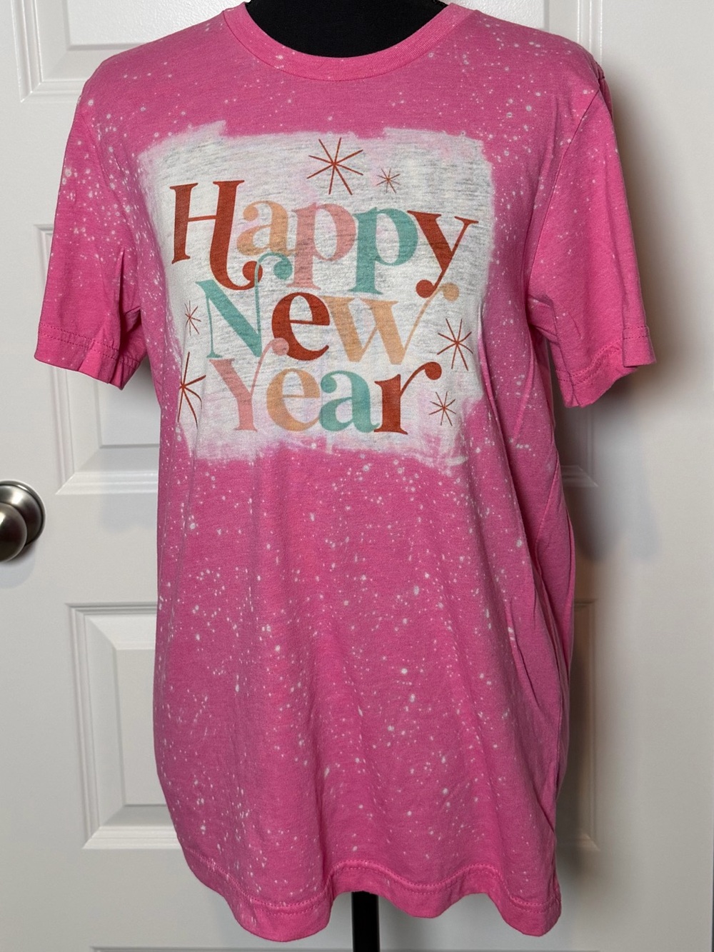 Canvas Bella+Canvas Happy New Year Bleached Graphic Tee | Medium | Pink